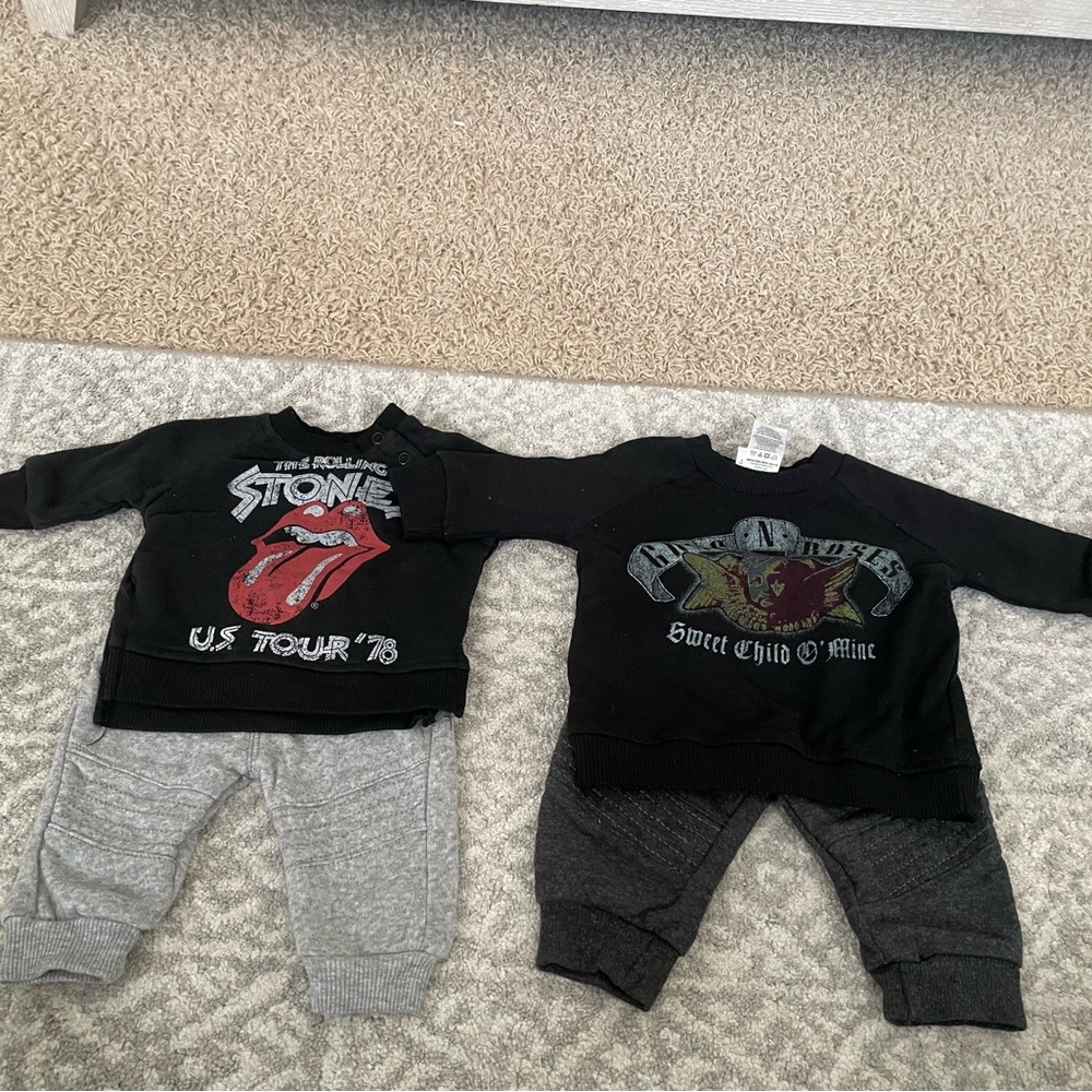 Two Sweater Sets by the Rolling Stones & Guns N' Roses in a size newborn.